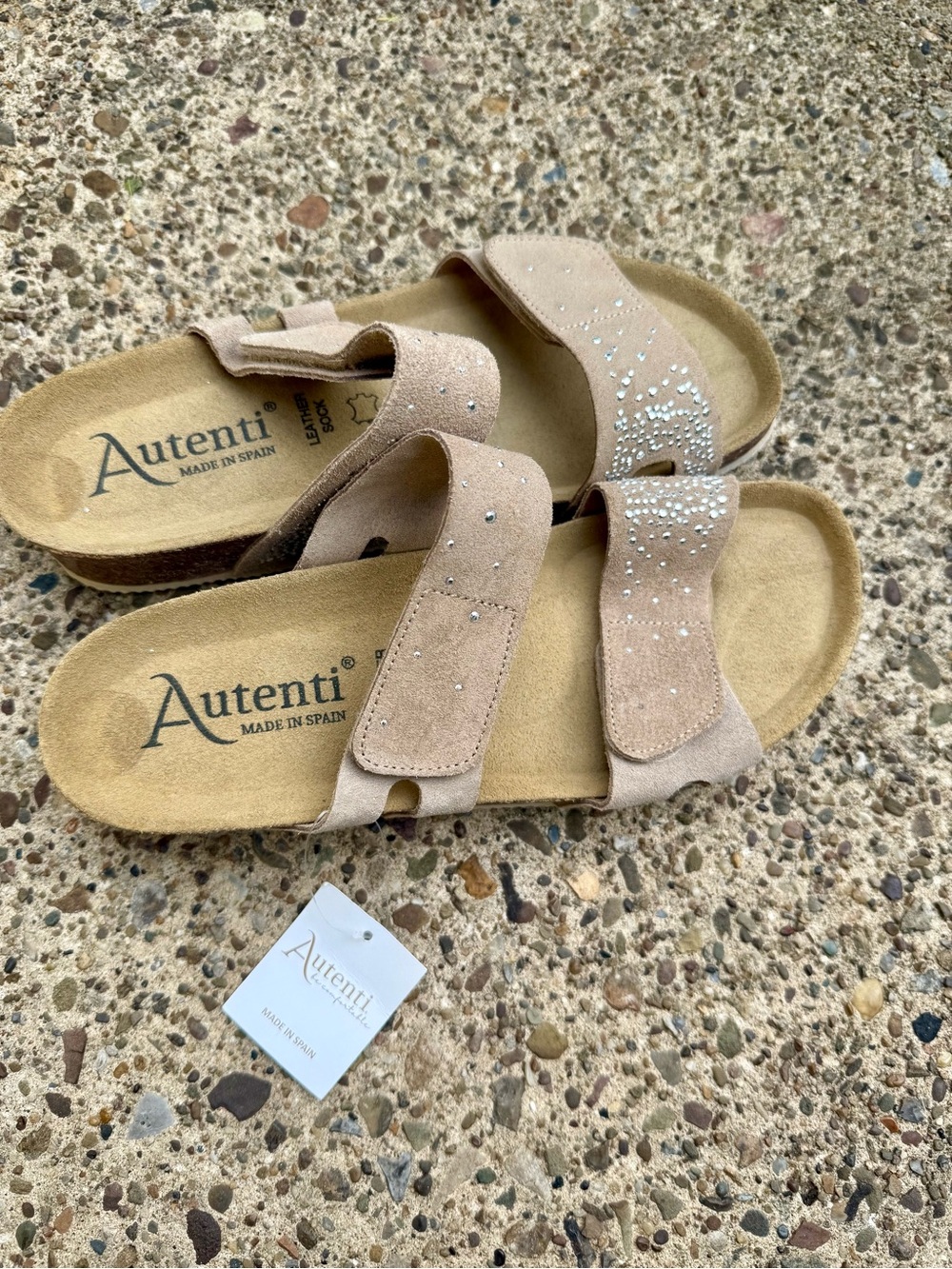 Autenti Made in Spain Suede Leather Sandals Sparkle Beige Cork Sole Size 38 NWT